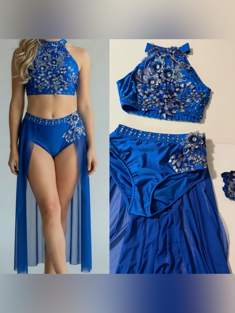 Glamour solo dance costume 2 piece embellished blue SA-Small adult
